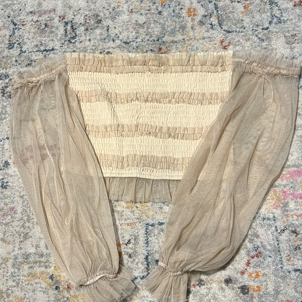 NWT Beige sheer sleeved off the shoulder frilly top